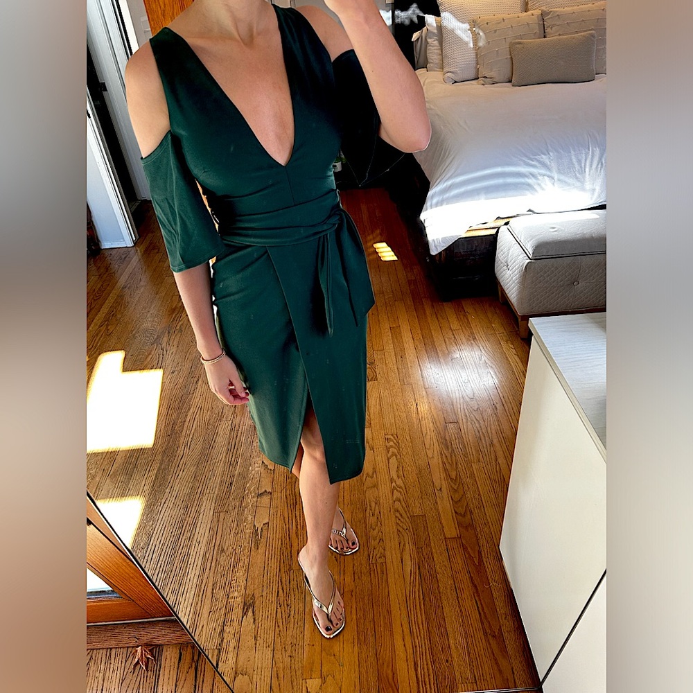 ASOS deep green holiday wrap dress with slit